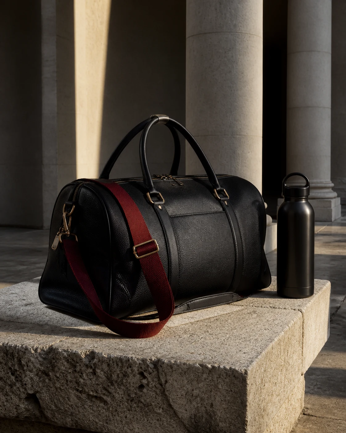 Sac noir et gourde dans une colonnade minérale