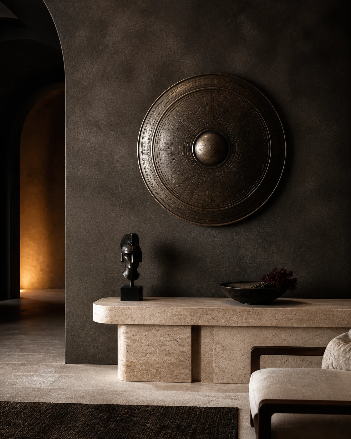 Intérieur contemporain animé par un objet mural en bronze sombre