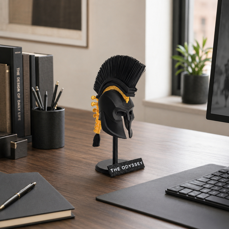 Miniature de casque spartiate noir et or sur support