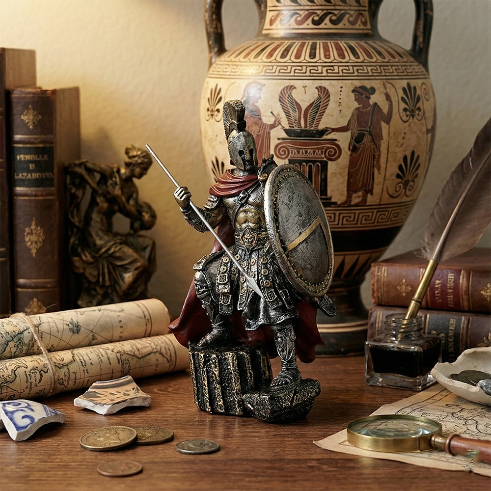 Statue spartiate en résine avec casque bouclier et cape rouge