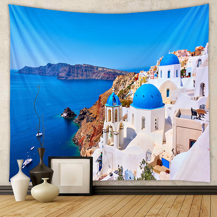 Tapisserie murale Santorin – Paysage grec bleu et blanc
