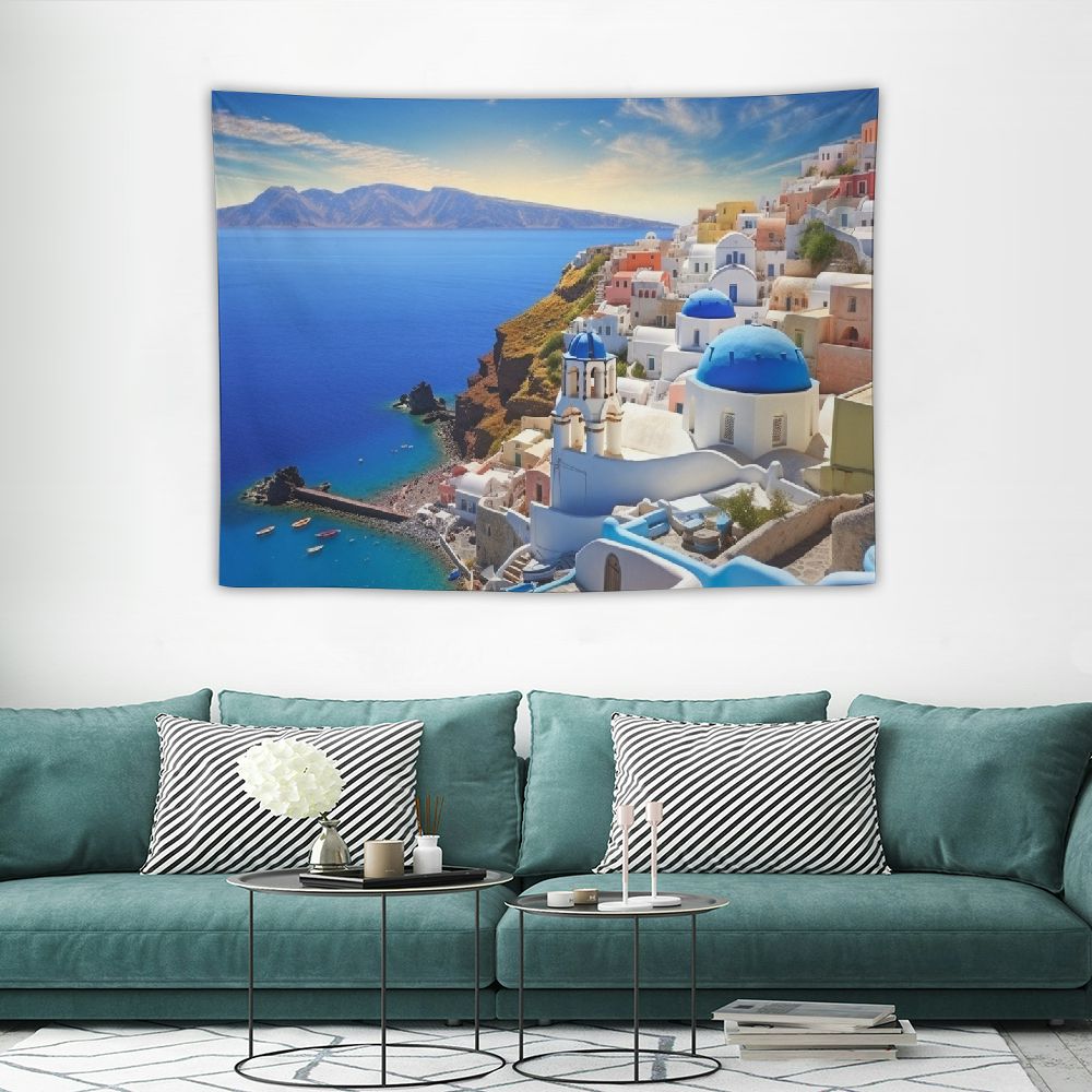 Tapisserie murale Santorin – Paysage grec bleu et blanc – Image 3