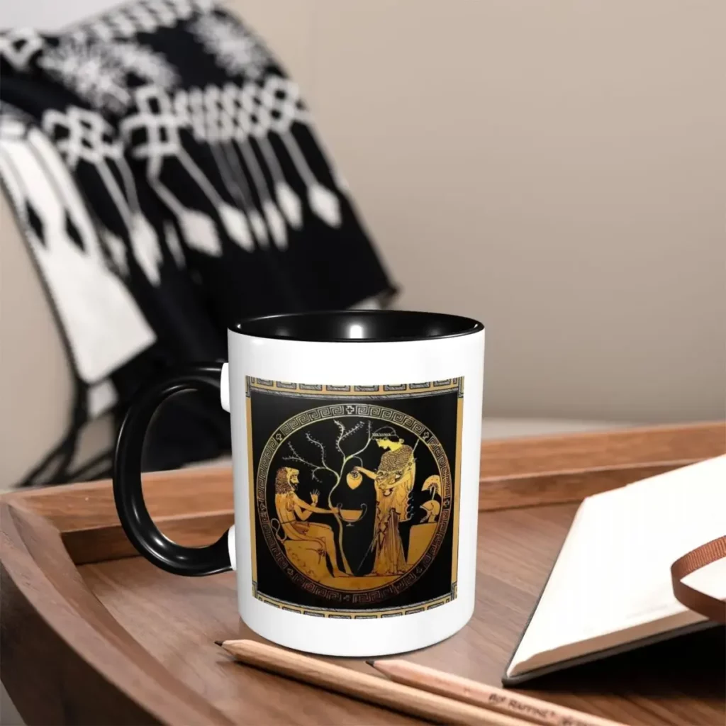 Mug grec noir et blanc – scène mythologique à frise méandre