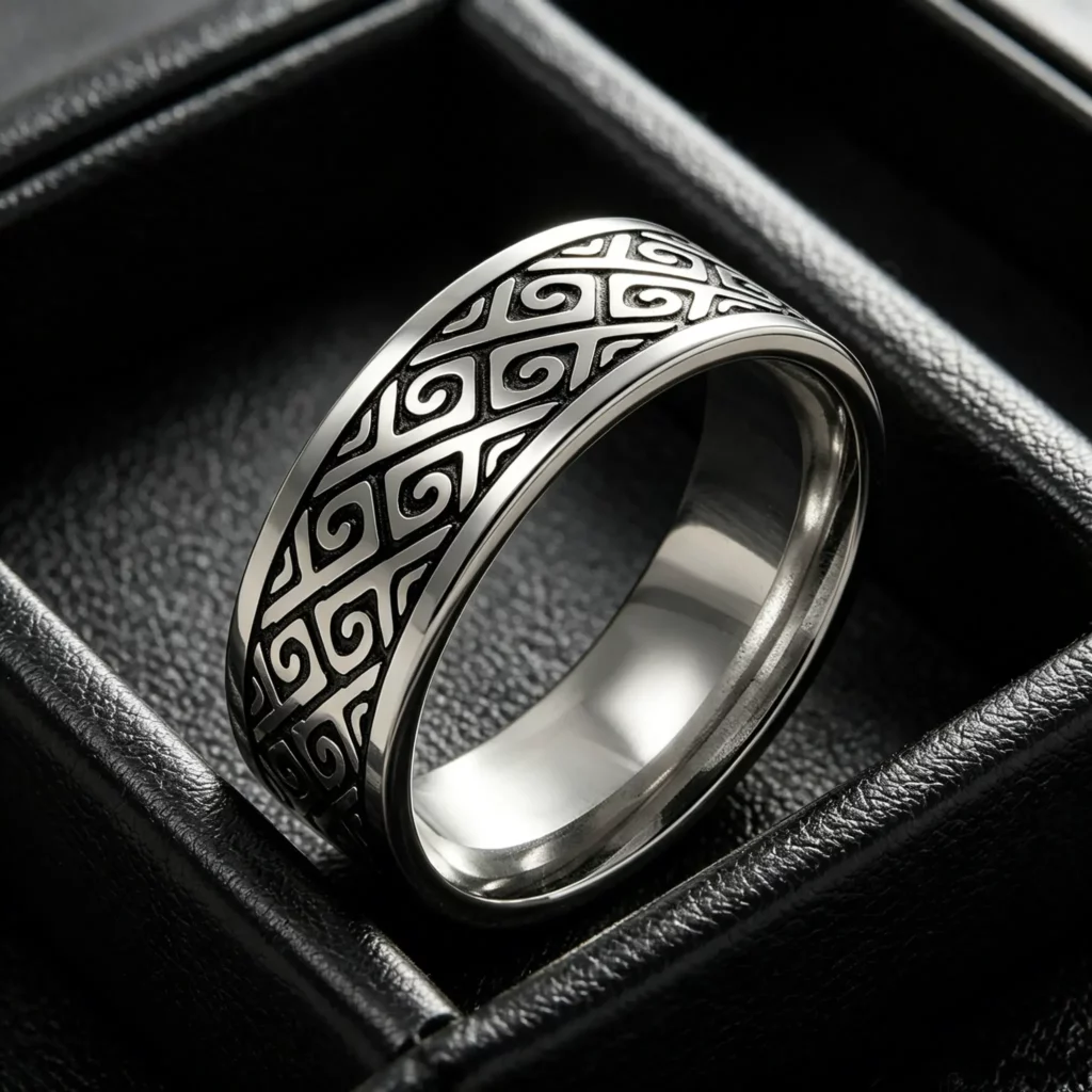 Bague grecque argentée – motif méandre en spirale
