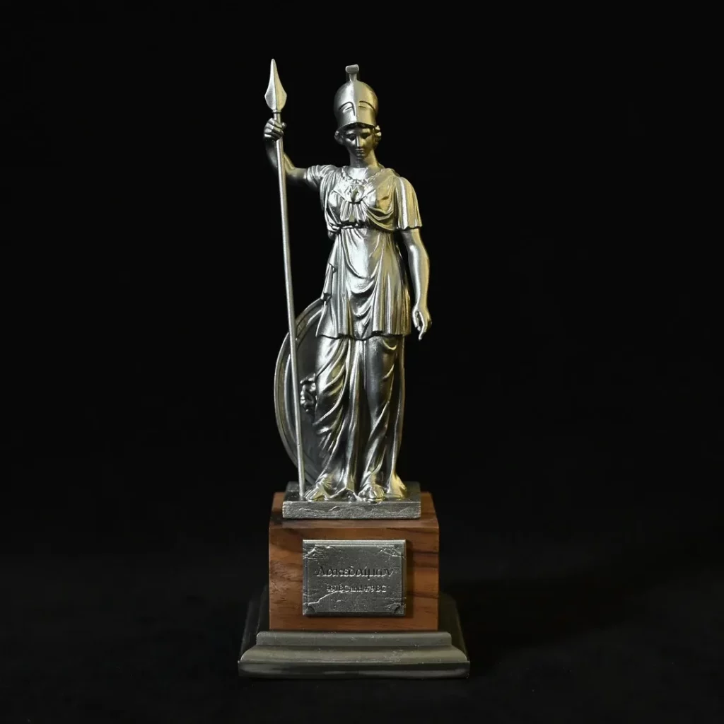 Athéna grecque argentée – statue avec lance et bouclier