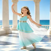 Robe grecque enfant – costume de déesse antique turquoise et blanc