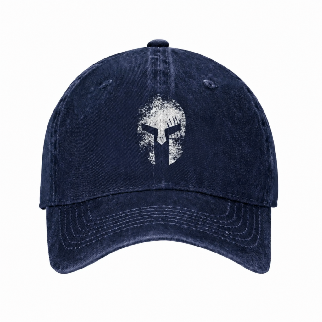 Casquette bleu marine en coton lavé avec casque spartiate blanc