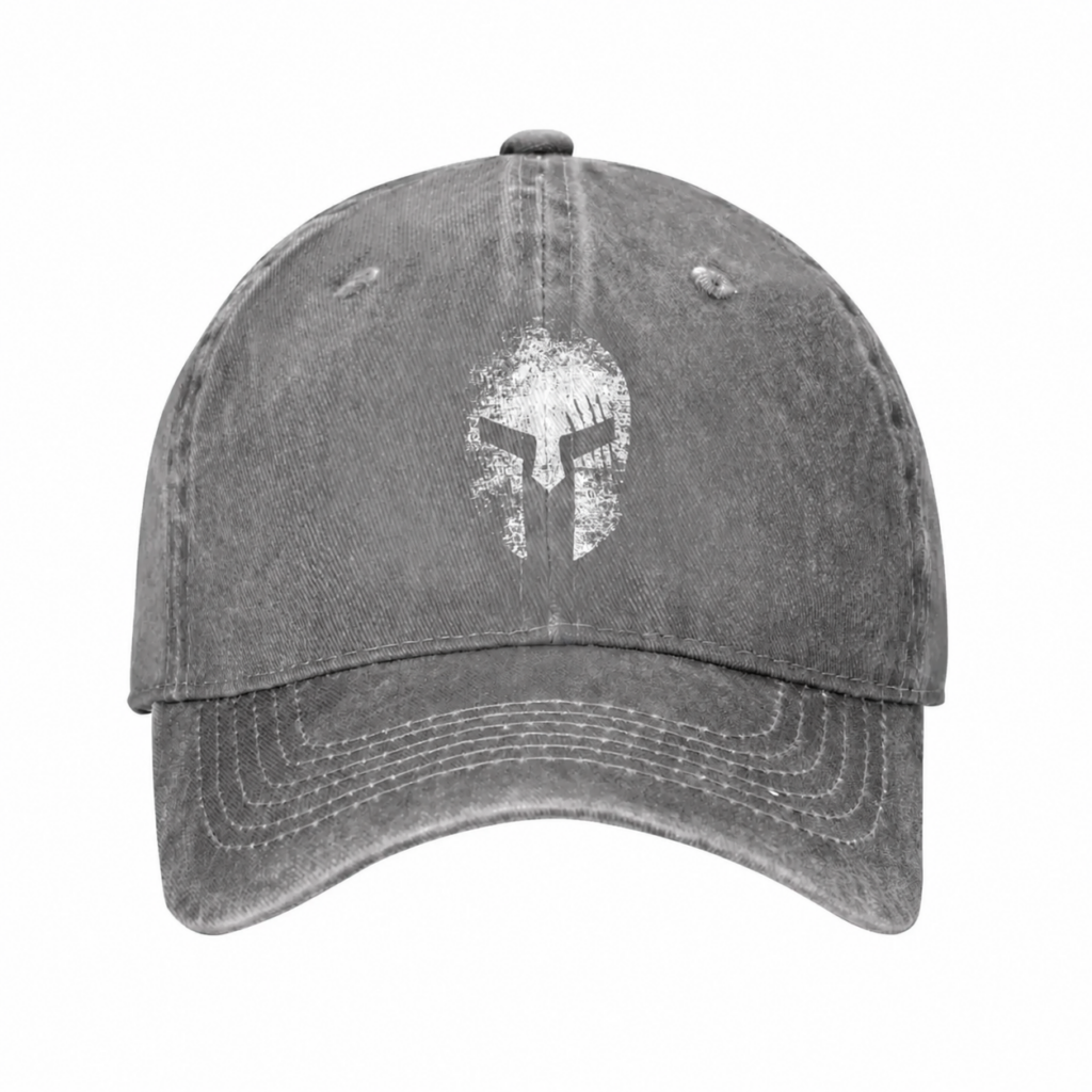 Casquette grise en coton lavé avec casque spartiate blanc