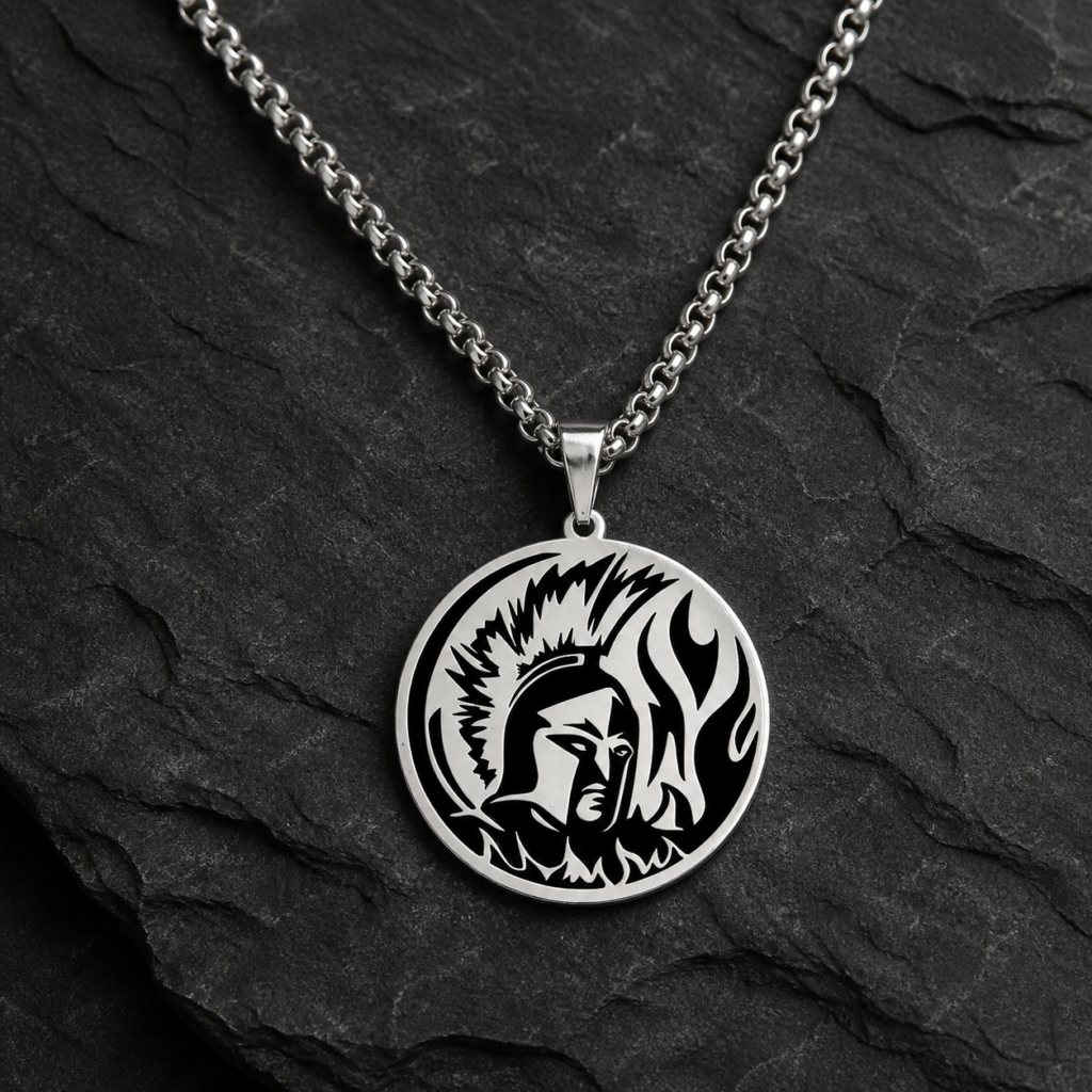 Collier Arès en acier avec médaillon guerrier noir et argent