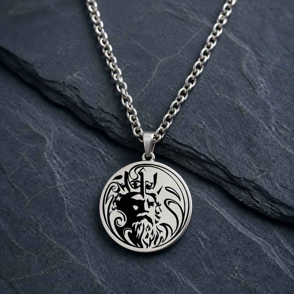 Collier Poséidon en acier avec trident et vagues noir et argent
