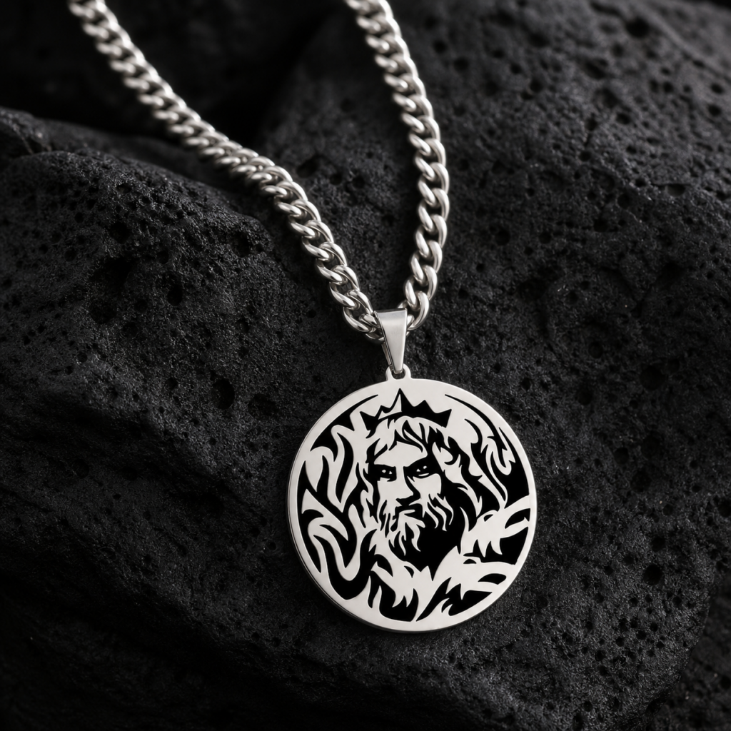 Collier Hadès avec visage barbu couronné noir et argent