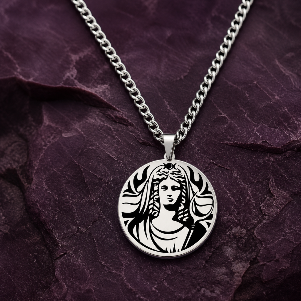 Collier Perséphone avec portrait tressé noir et argent