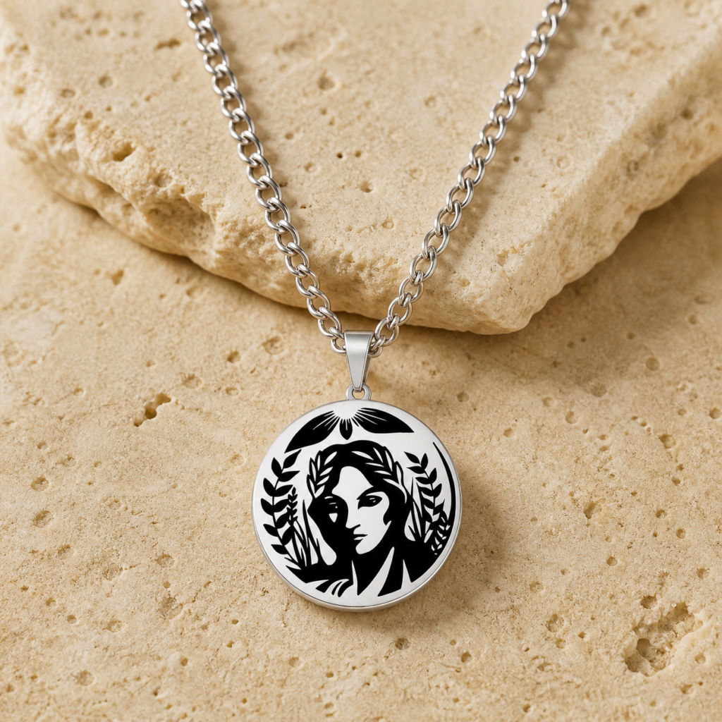 Collier Déméter avec visage entouré d’épis et de feuillages