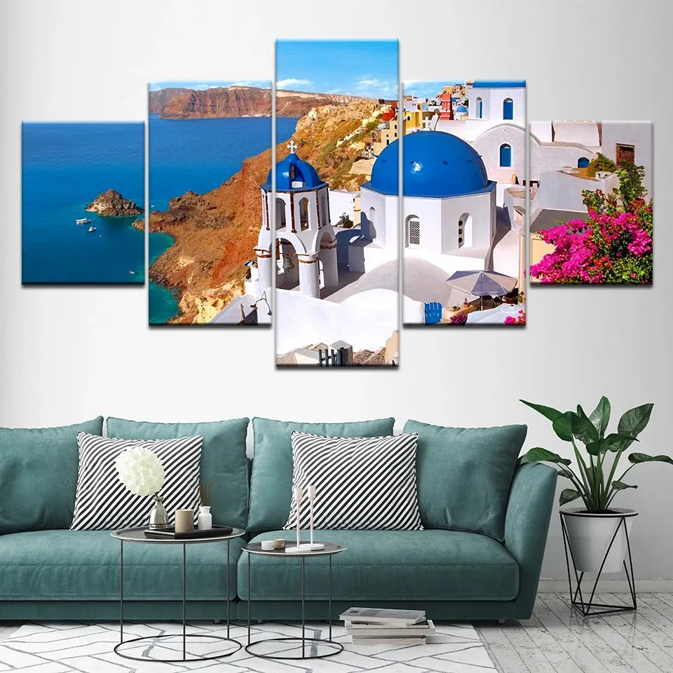 Tableau Santorin en cinq panneaux – caldeira, dômes bleus et mer Égée