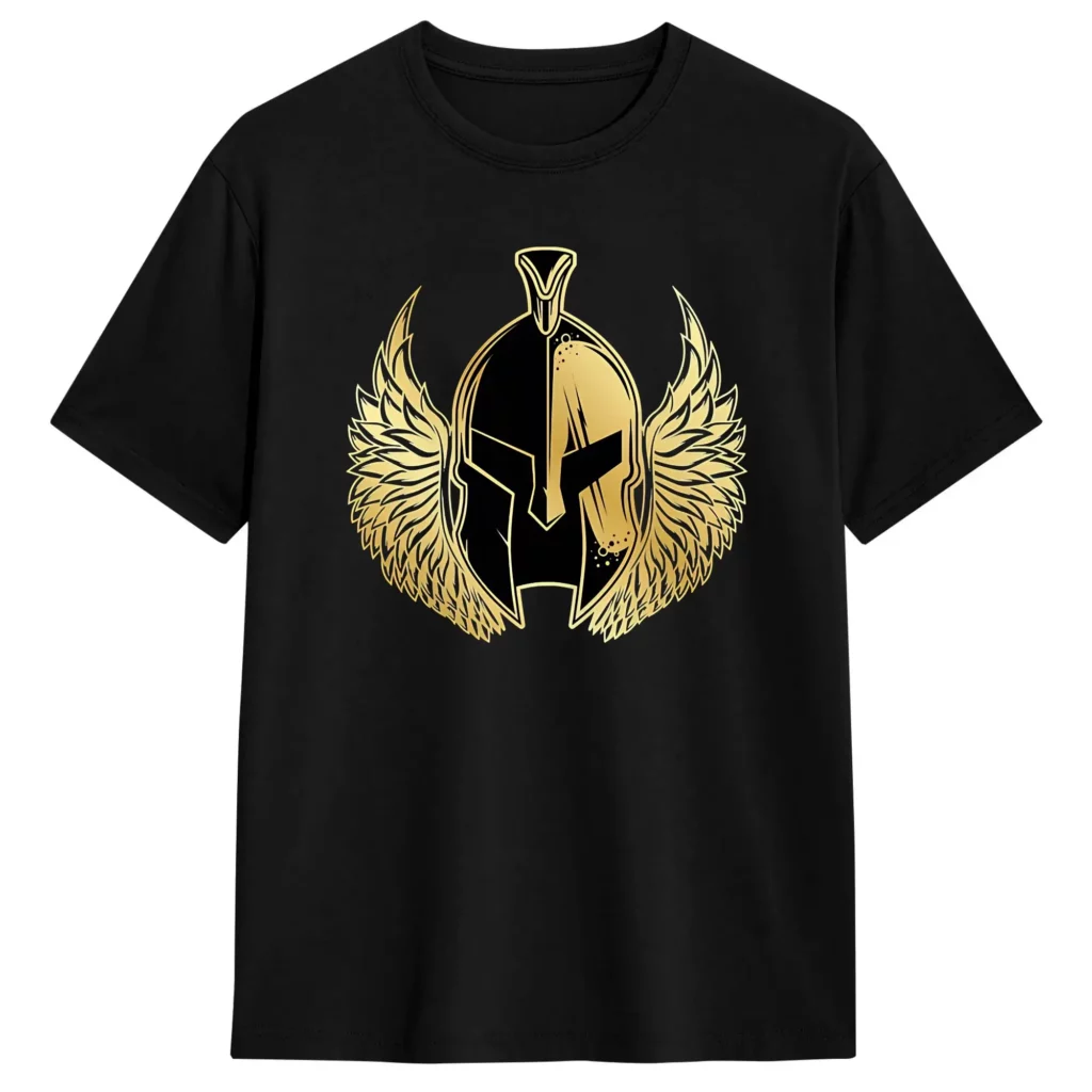 T-shirt spartiate noir à casque doré et ailes – tailles S à 6XL
