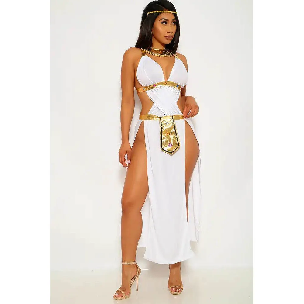 Costume grec de déesse blanc – ensemble drapé à détails dorés