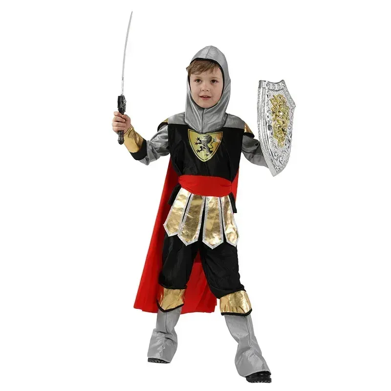 Costume de jeune guerrier romain – cape rouge, armure noire et détails dorés