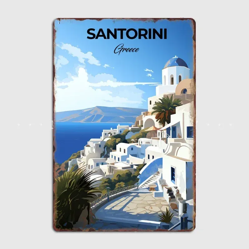 Plaque Santorin vintage – village blanc et mer bleue des Cyclades