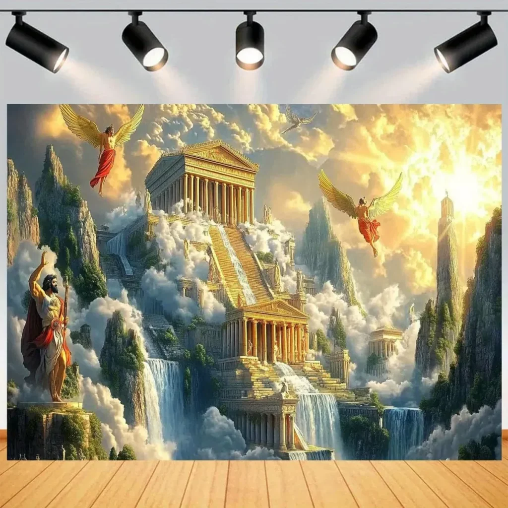 Tapisserie grecque – temple antique, cascades et dieux dans un paysage épique