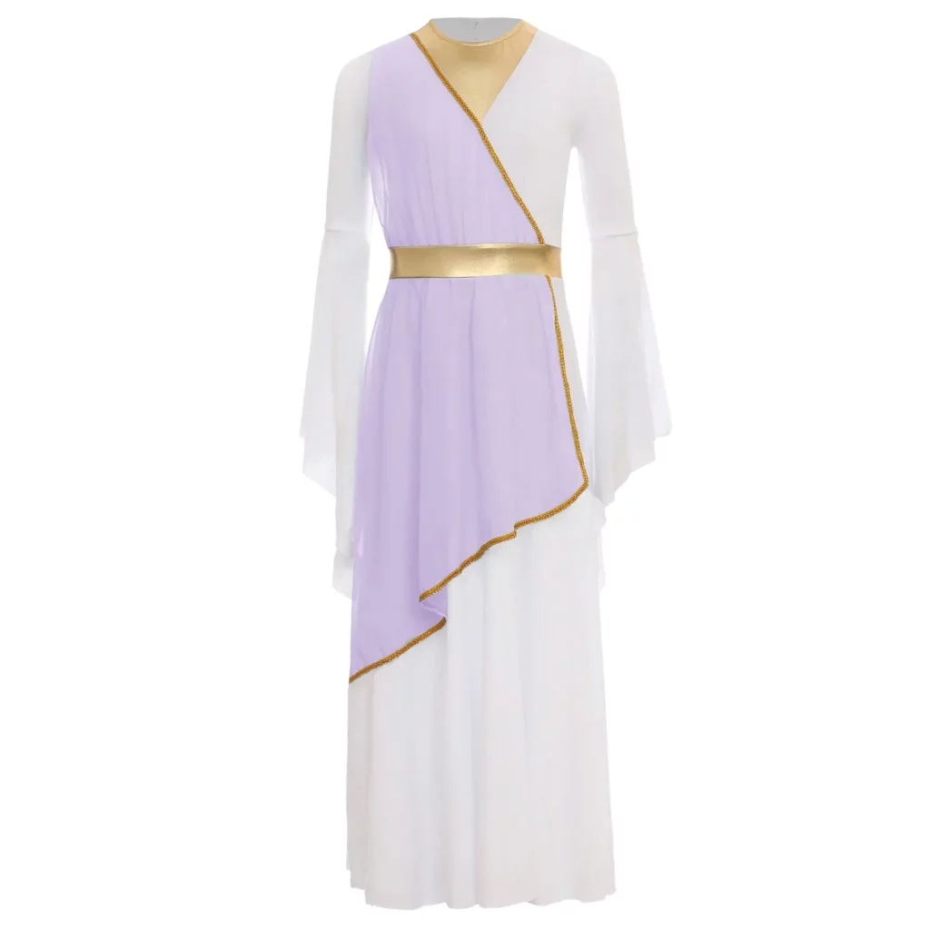Robe grecque lavande et dorée pour fille – silhouette mythologique