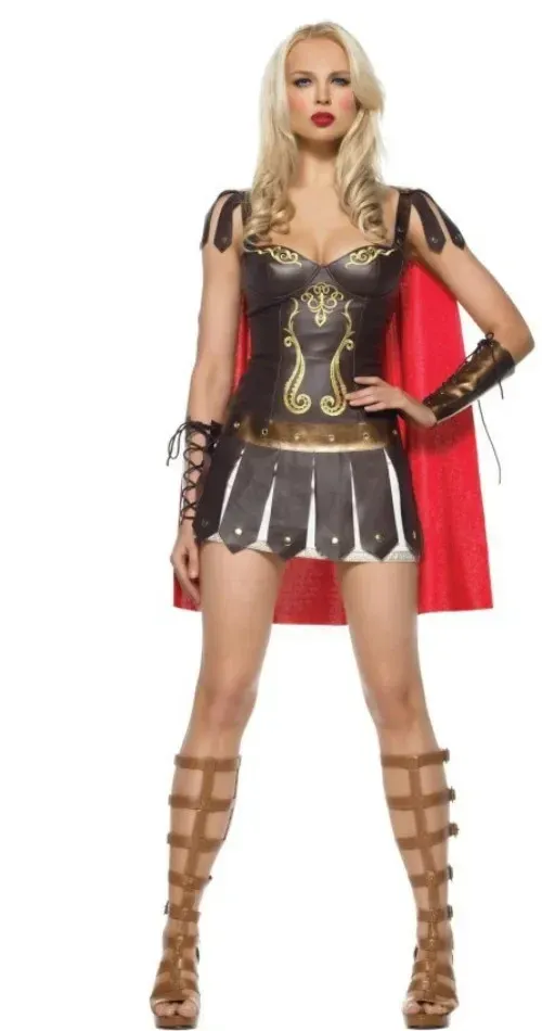 Costume de gladiatrice spartiate – bustier noir et cape rouge
