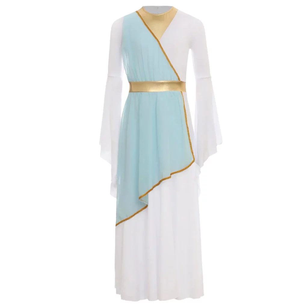 Robe grecque bleu clair et dorée pour fille – tenue de princesse