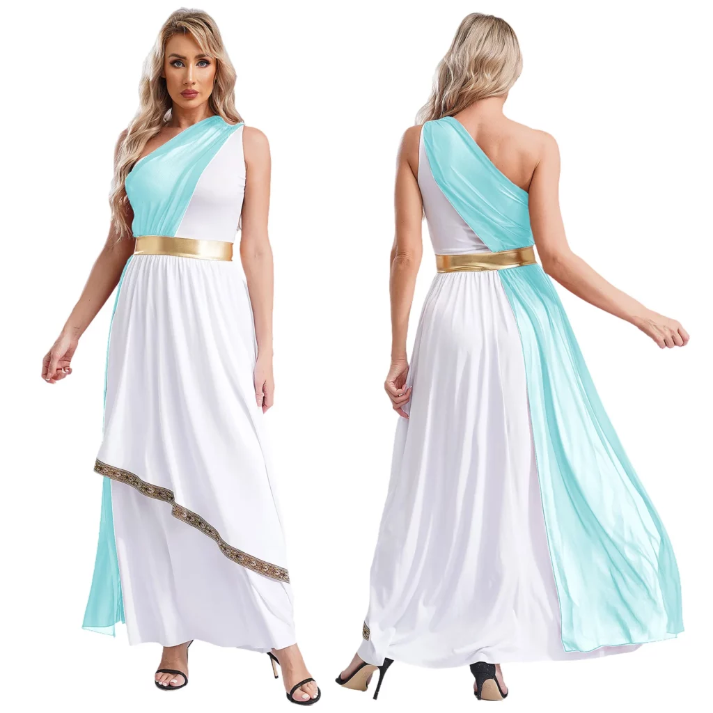 Robe de déesse grecque bleu clair et blanche
