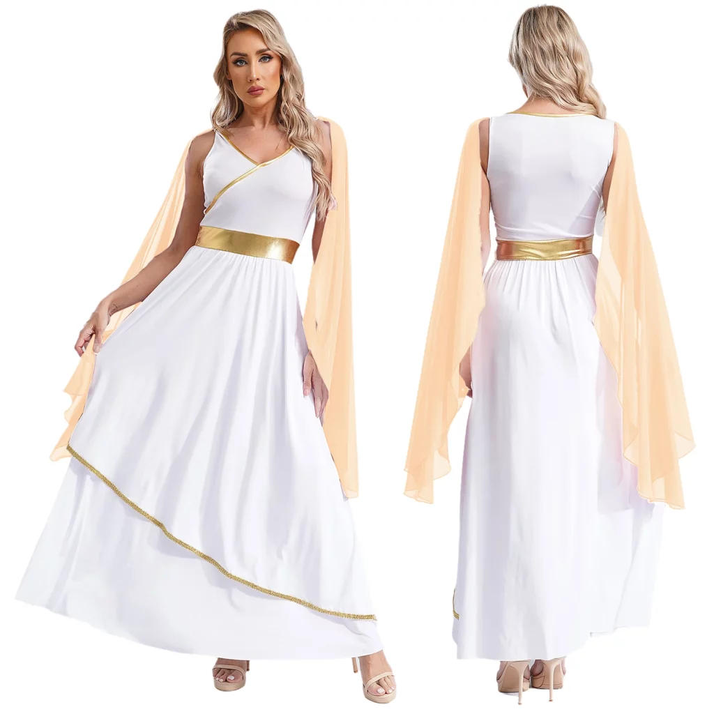 Robe grecque blanche et champagne à manches drapées