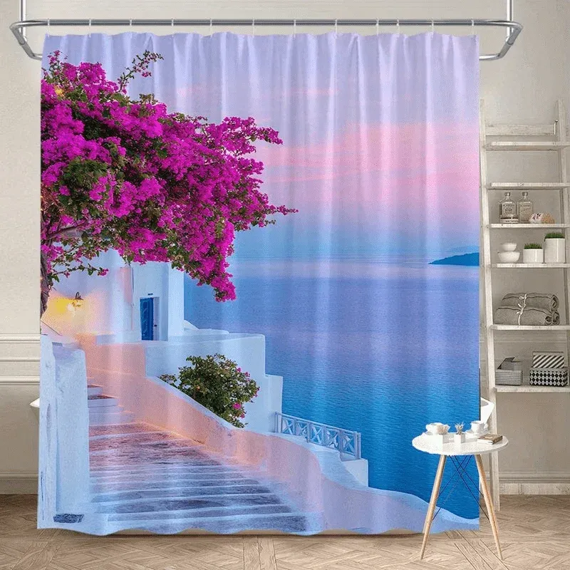 Rideau de douche Santorin – bougainvillier rose et mer Égée