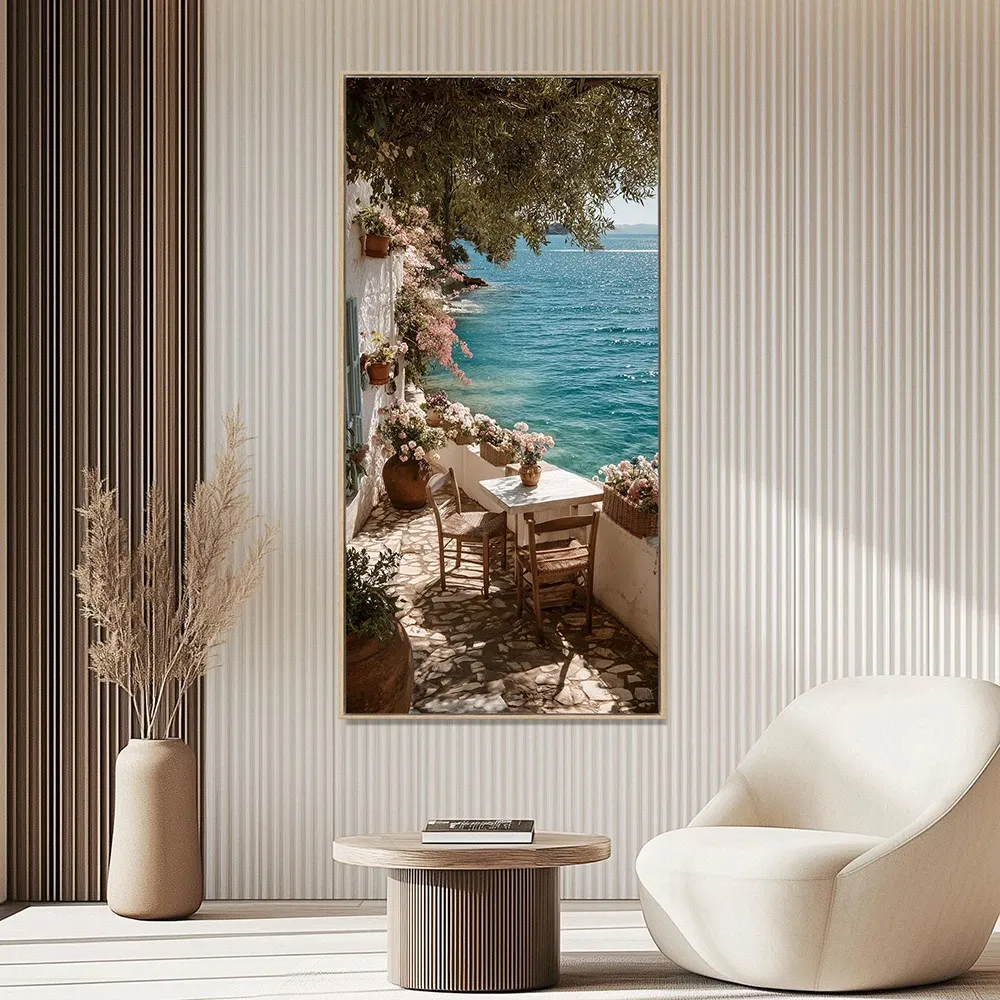 Toile terrasse grecque – vue turquoise et douceur méditerranéenne