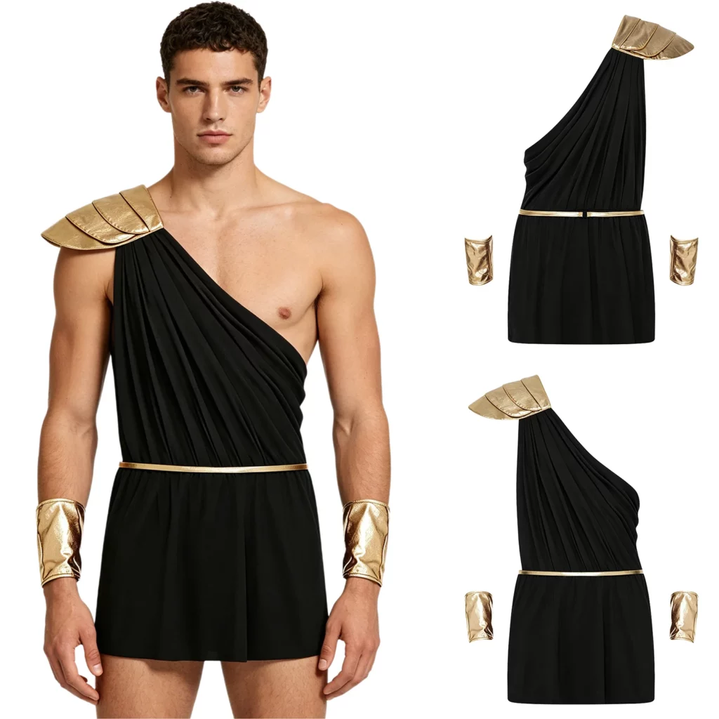 Costume grec antique à une épaule – Noir avec accessoires dorés