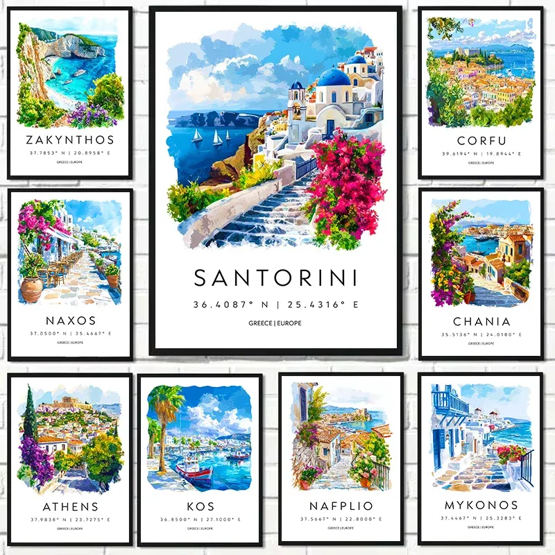 Affiche aquarelle des îles grecques – Santorin, Corfou et Naxos