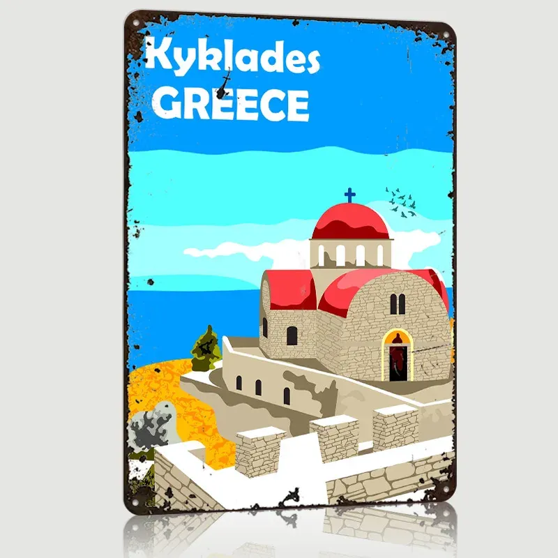 Plaque Cyclades – chapelle rouge et horizon bleu de Grèce