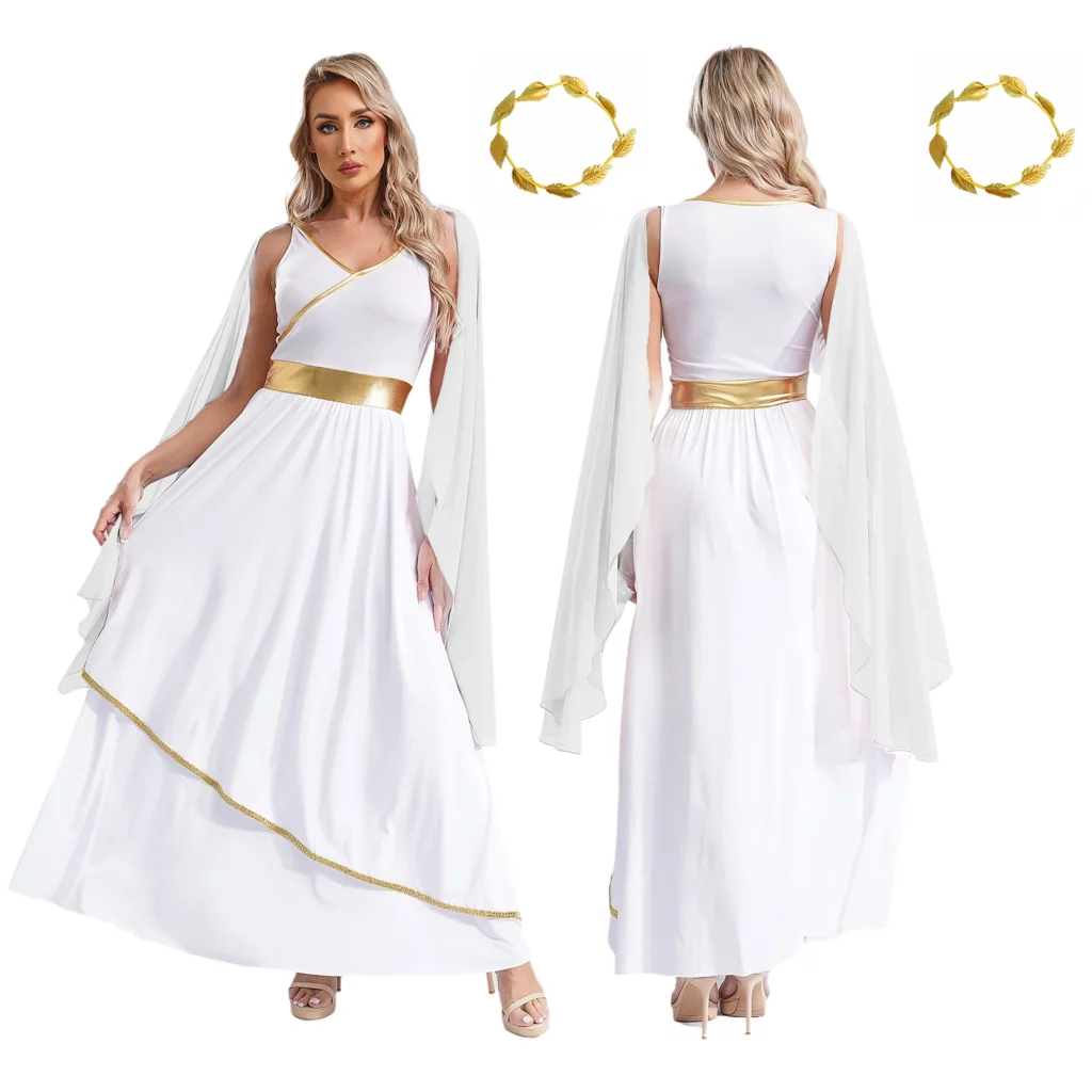 Costume de déesse grecque blanc et or – robe longue avec cape