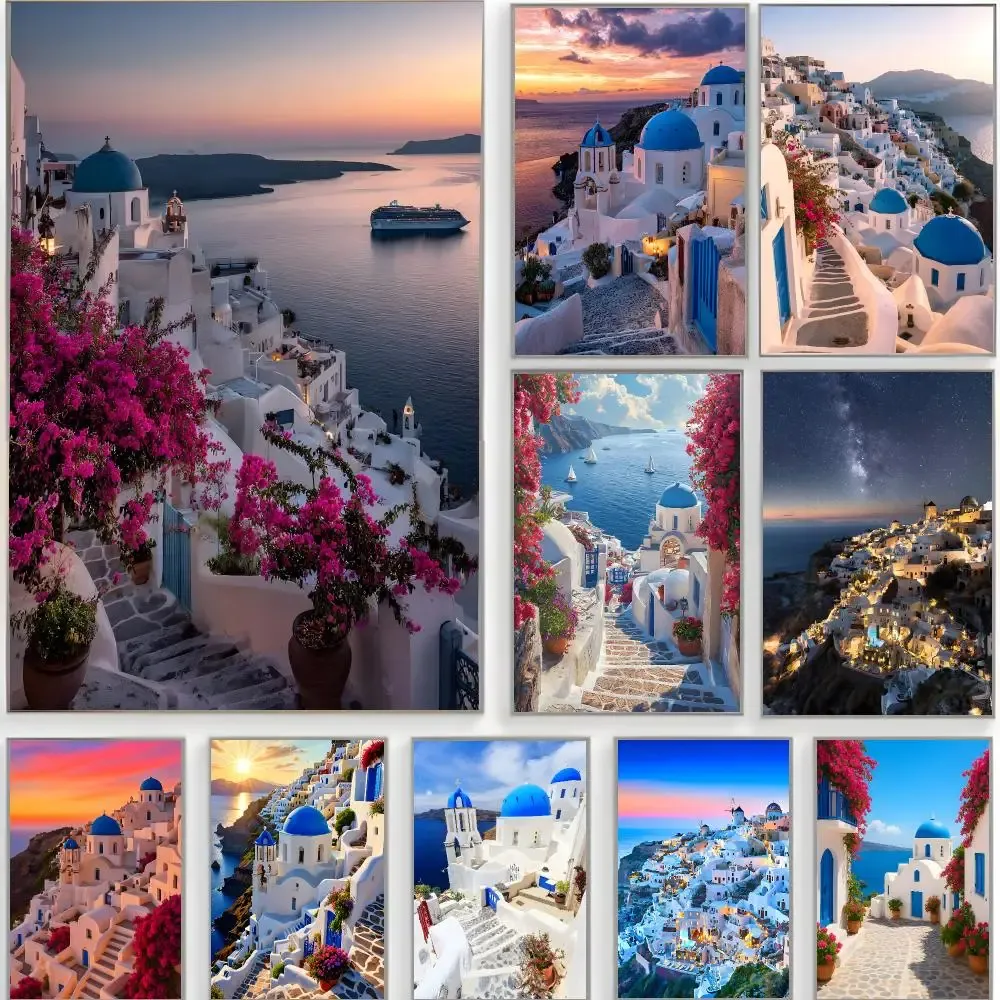 Affiches Santorin au coucher du soleil – galerie de maisons blanches