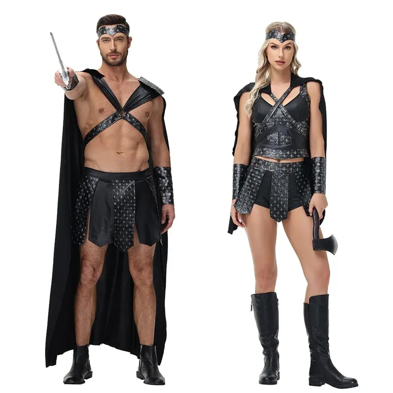 Costume de guerrière romaine féminine – armure noire, cape et jupe à pans