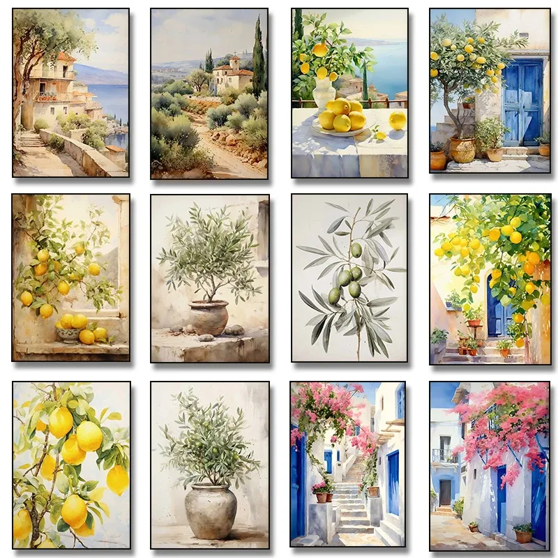 Affiche méditerranéenne citronnier et olivier – paysage grec aux tons naturels