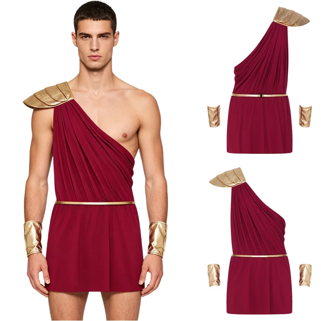 Costume grec antique à une épaule – Bordeaux avec accessoires dorés