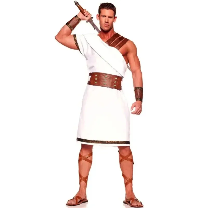 Toge grecque blanche pour homme – tunique antique et ceinture brune