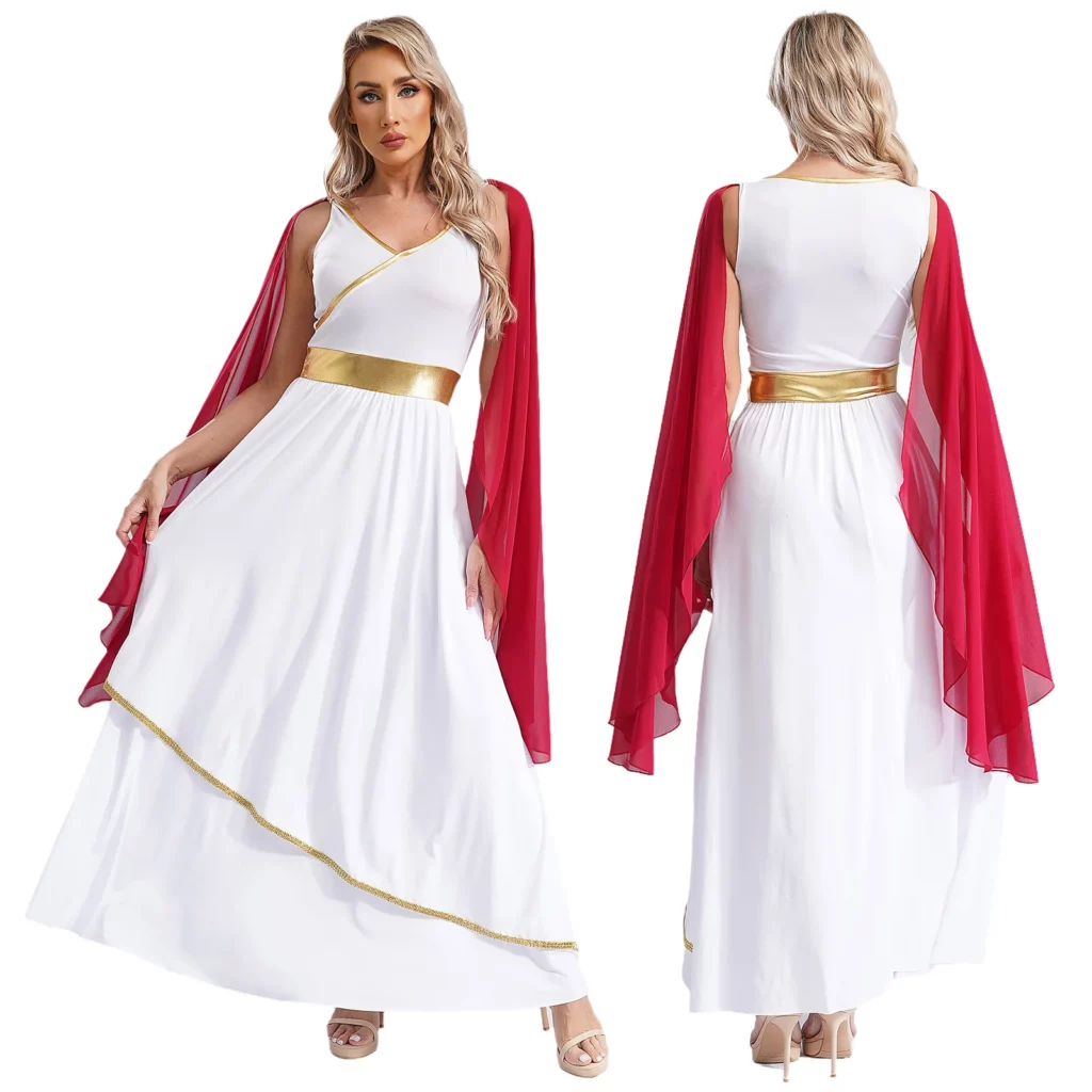 Robe de déesse grecque blanche et bordeaux