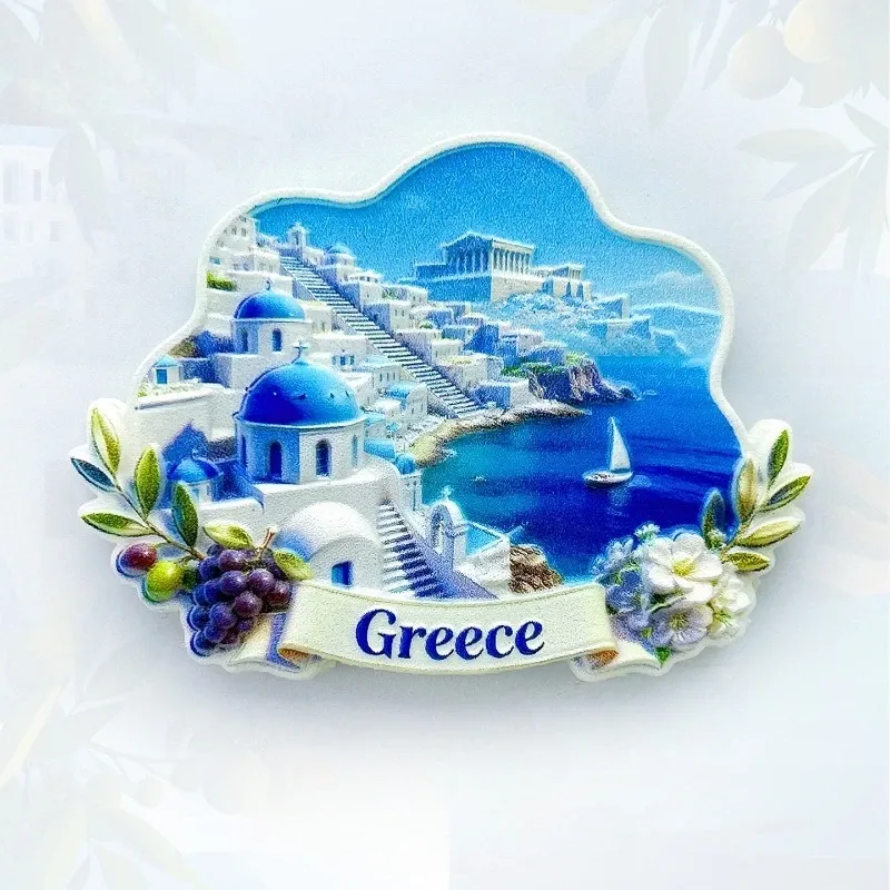 Aimant Santorin en relief – village blanc et mer Égée
