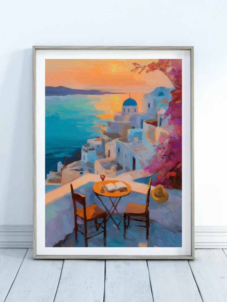 Affiche Santorin au coucher du soleil – maisons blanches et mer turquoise