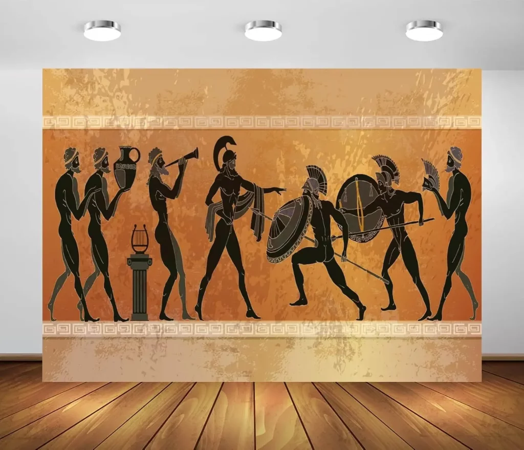 Décor mural guerriers grecs – frise antique aux tons terracotta