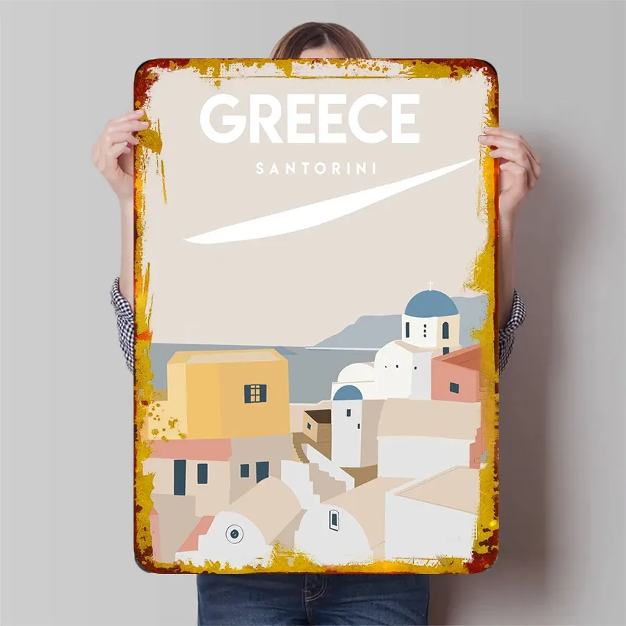 Plaque Santorin minimaliste – village blanc et dôme bleu