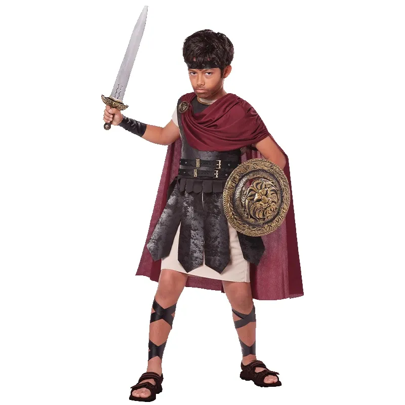 Costume d’enfant gladiateur romain – cape bordeaux et armure noire