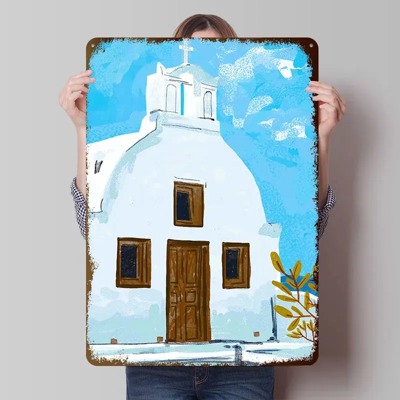 Affiche église grecque – lumière bleue et architecture insulaire