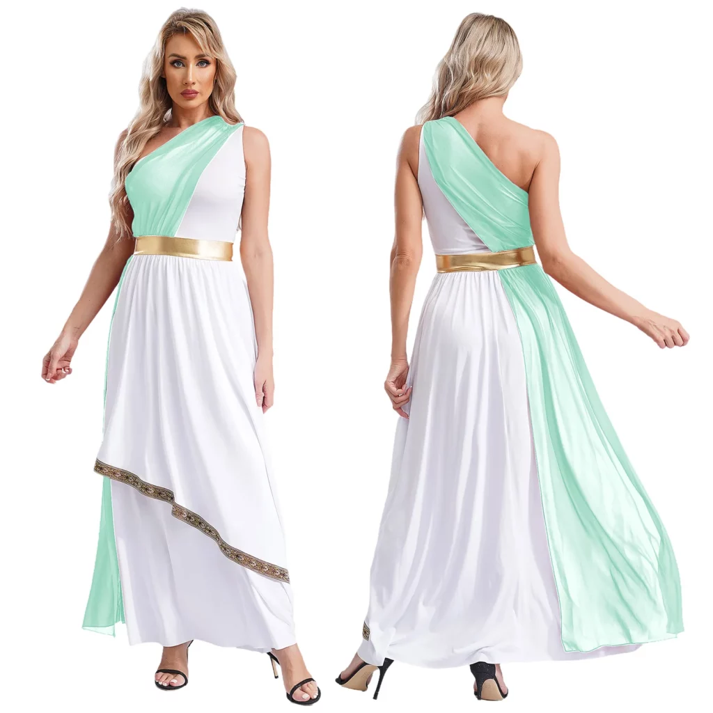 Robe de déesse grecque blanche et vert menthe