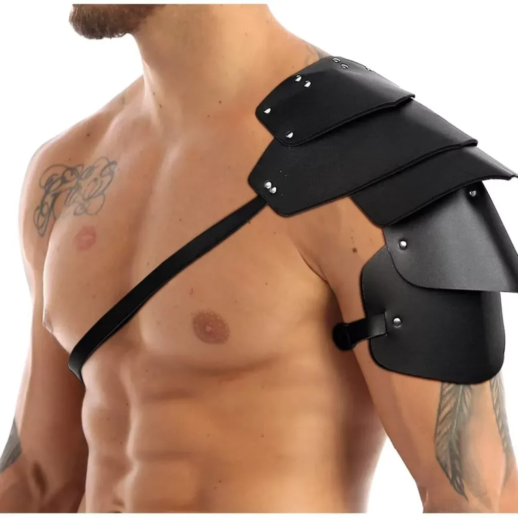 Épaulière spartiate noire – armure romaine à sangles et rivets