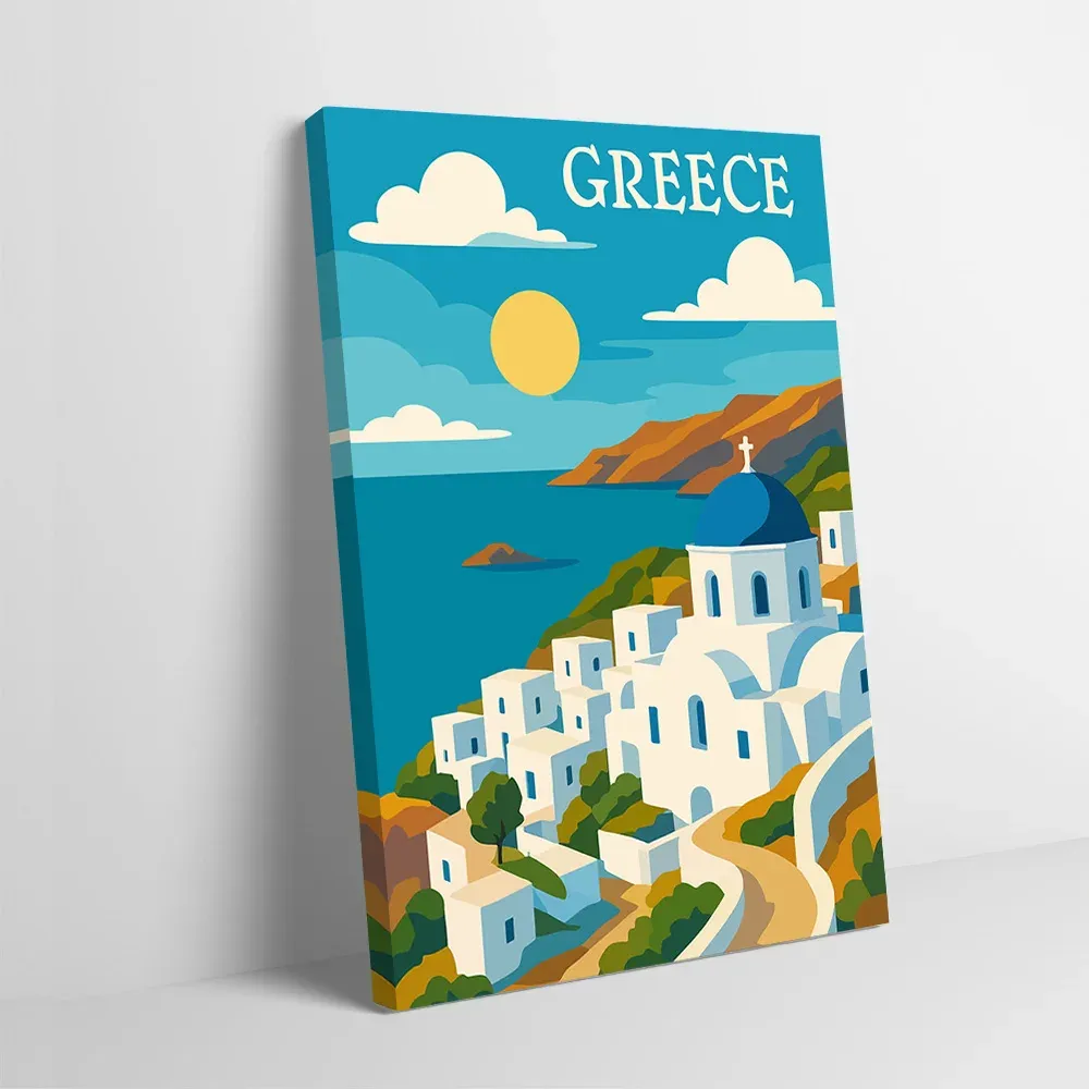 Toile Grèce bleue – village blanc face à la mer