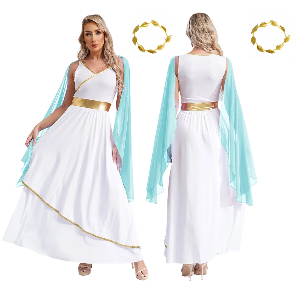 Costume de déesse grecque blanc et bleu clair – robe longue avec cape